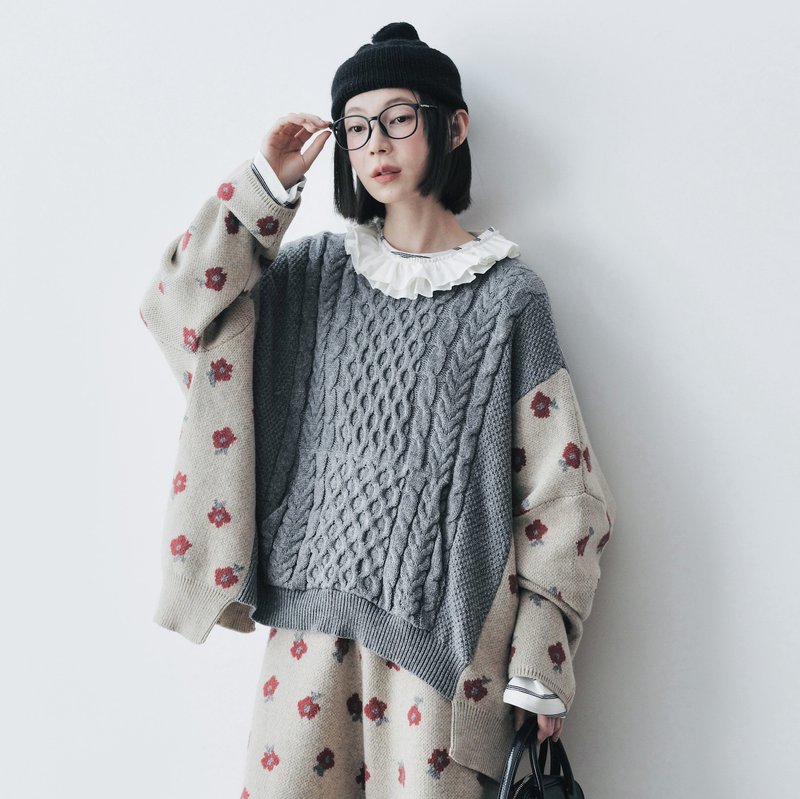 Red flower color block vintage woven woolen sweater - สเวตเตอร์ผู้หญิง - ขนแกะ หลากหลายสี