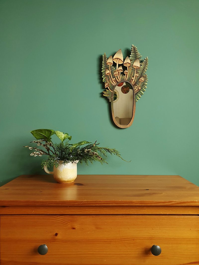Wall Mirror Mushrooms, wooden mirror, wood burning, boho mirror wall decor - 牆貼/牆身裝飾 - 木頭 綠色