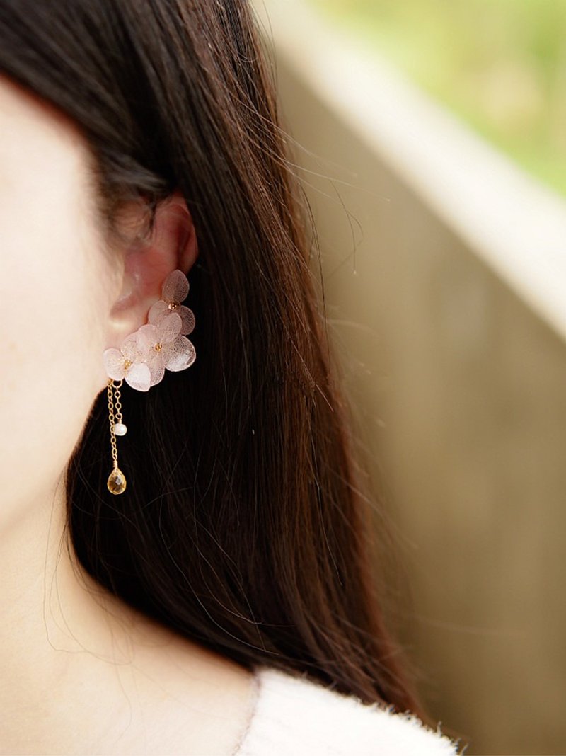 Original | Tao Li Yan Japanese Imported Hydrangea Preserved Flower×Natural Citrine Swaying Flower Cluster Ear Clip - ต่างหู - พืช/ดอกไม้ สึชมพู