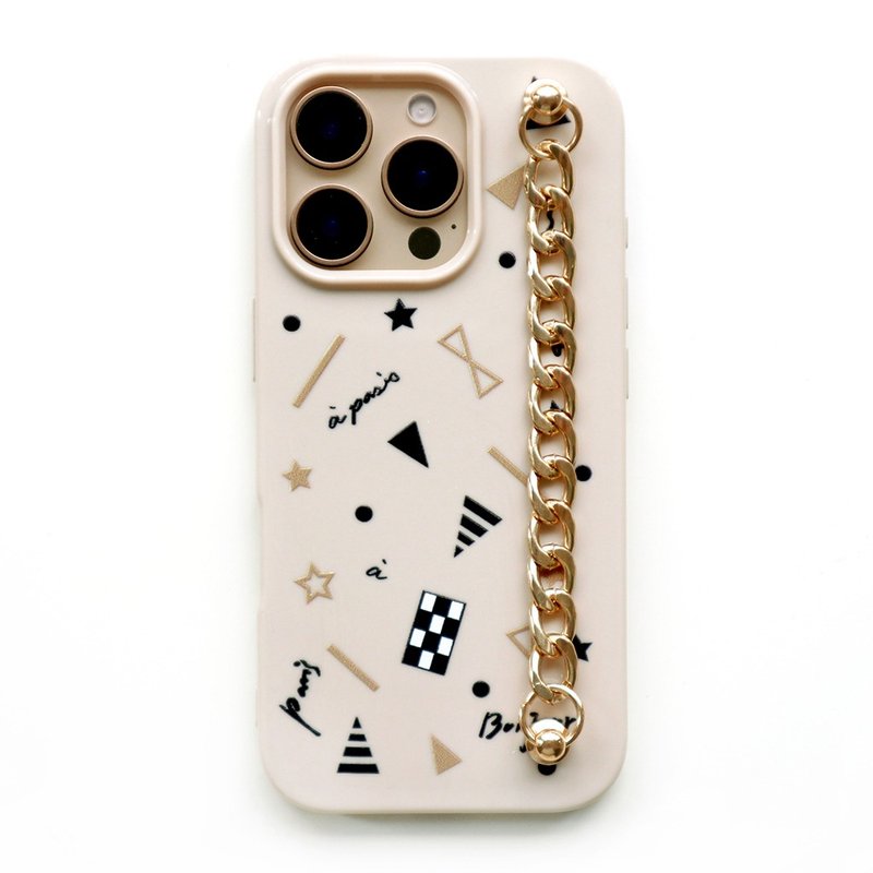 iPhone16/15/14/13/12 French Warm Skin Milk Tea Geometric Gold Chain Phone Case - Phone Cases - Plastic Khaki