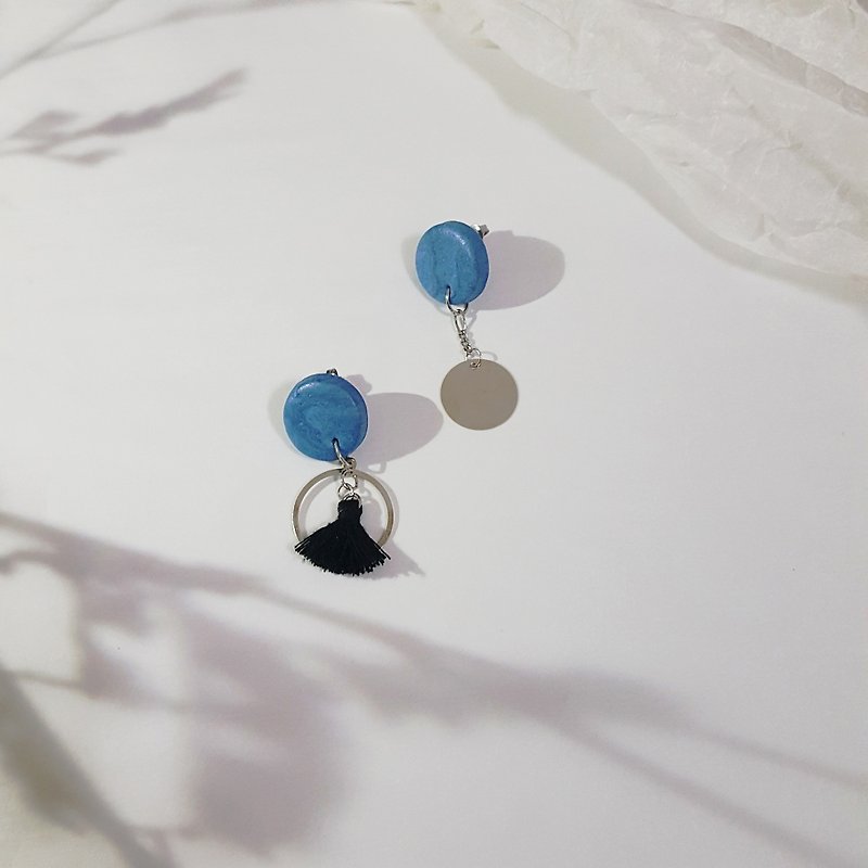 Ink circular geometric asymmetrical tassel earrings / handmade earrings / ear pins / earrings - Earrings & Clip-ons - Clay Blue