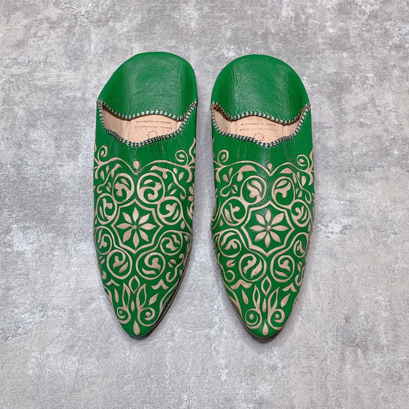 Moroccan balgha leather carving handmade shoes green foot shoes indoor shoes - Indoor Slippers - Genuine Leather Green