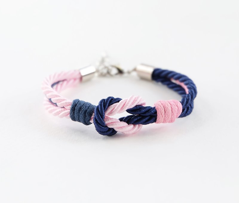 Navy blue / Pink knot rope bracelet with waxed cotton cord - 手鍊/手鐲 - 聚酯纖維 藍色