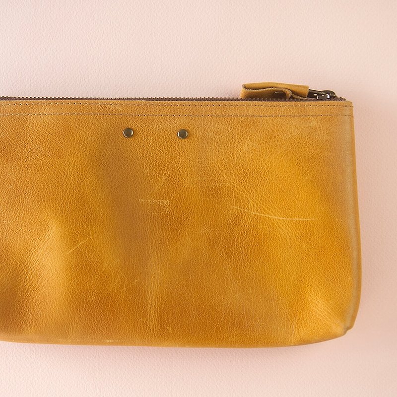 Colorful leather case, Leather pouch, Organizer case, Pencil case, Yellow - กล่องดินสอ/ถุงดินสอ - หนังแท้ 