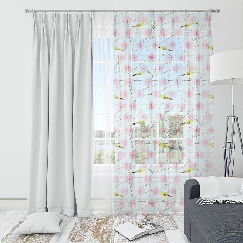 原創印花窗紗  HC1099 綠繡眼與梅花 - 門簾/門牌 - 聚酯纖維 