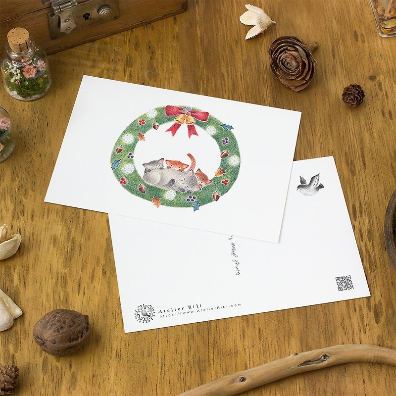 4枚セット。絵本のかけら。ポストカード "猫たちのクリスマス" PC-39 - 卡片/明信片 - 紙 綠色