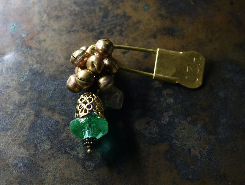 Antique uranium glass, delicately decorated brass cap, bells, and Afghan parts laundry pin brooch - Brooches - Glass Green