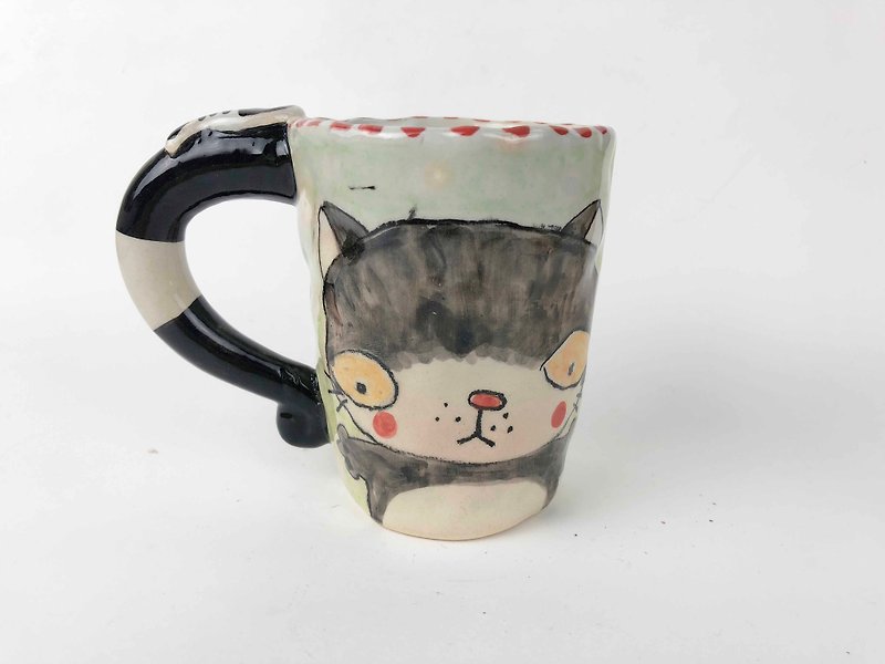 Nice Little Clay Mug Grey Black Cat 01061-19 - Mugs - Pottery Multicolor