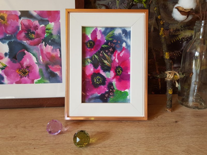 Small original Anemone flower artwork hand painted  mixed technique framed - 壁貼/牆壁裝飾 - 其他材質 