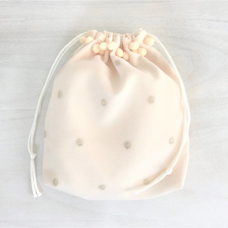 Milky Chiffon Lamellame Dot Embroidery Drawstring Pouch Ivory Beige - Toiletry Bags & Pouches - Polyester Yellow