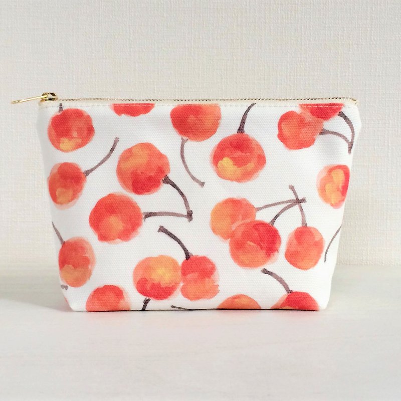 Fruit garden gusset pouch cherries - กระเป๋าเครื่องสำอาง - ผ้าฝ้าย/ผ้าลินิน สีส้ม