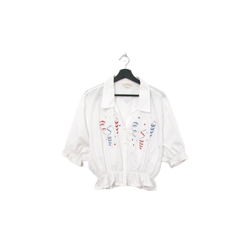 Back to Green-再製刺繡白襯衫 閃粉彩帶 ws-07//vintage shirt - 女襯衫 - 棉．麻 