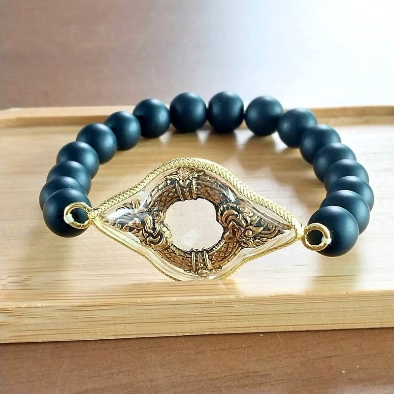 Matt Black Onyx Stone Bracelet with Naga King Pendant, Naga Bracelet. - สร้อยข้อมือ - หิน 