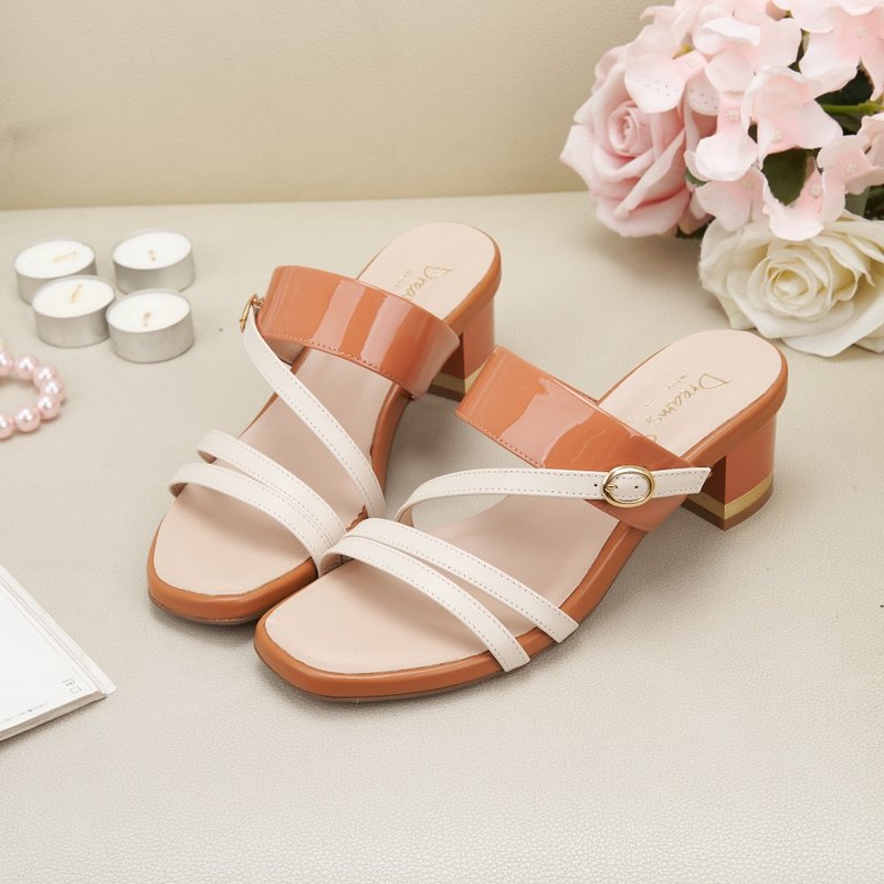 Air cushion_Color-blocking thin strap square toe low-heeled slippers orange Brown paint - Slippers - Genuine Leather Orange