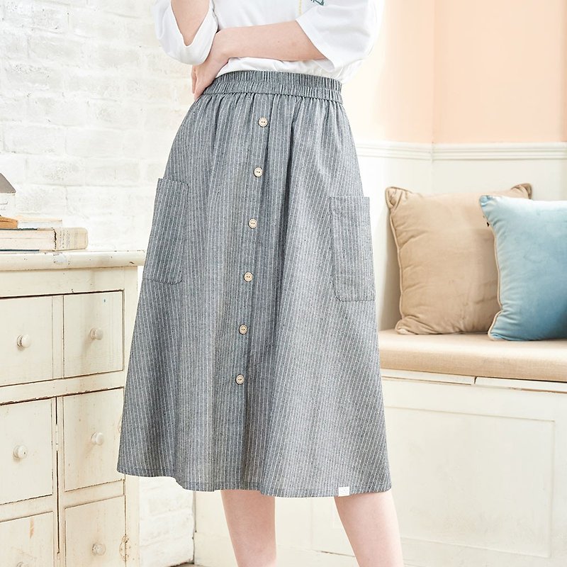 Hana Mokuba Fresh Striped Elastic Waist Button A-Line Skirt - กระโปรง - วัสดุอื่นๆ 