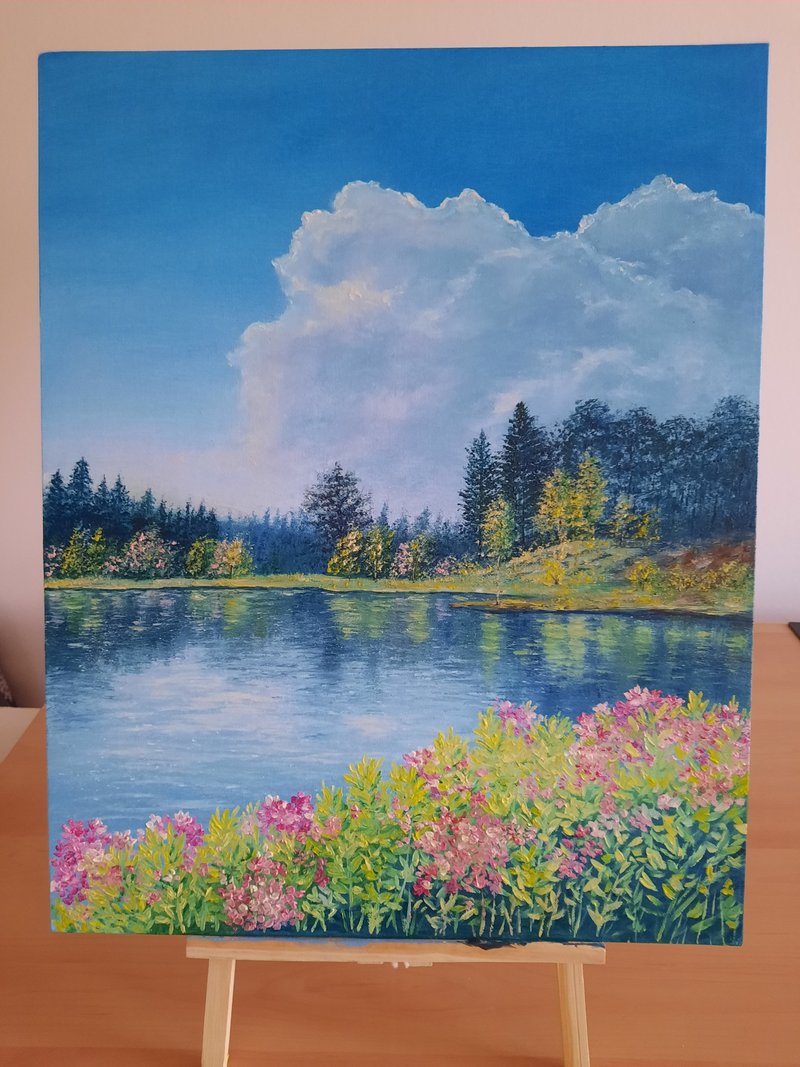 夏日風情原創油畫：田園湖景與粉色花卉 - 牆貼/牆身裝飾 - 其他材質 