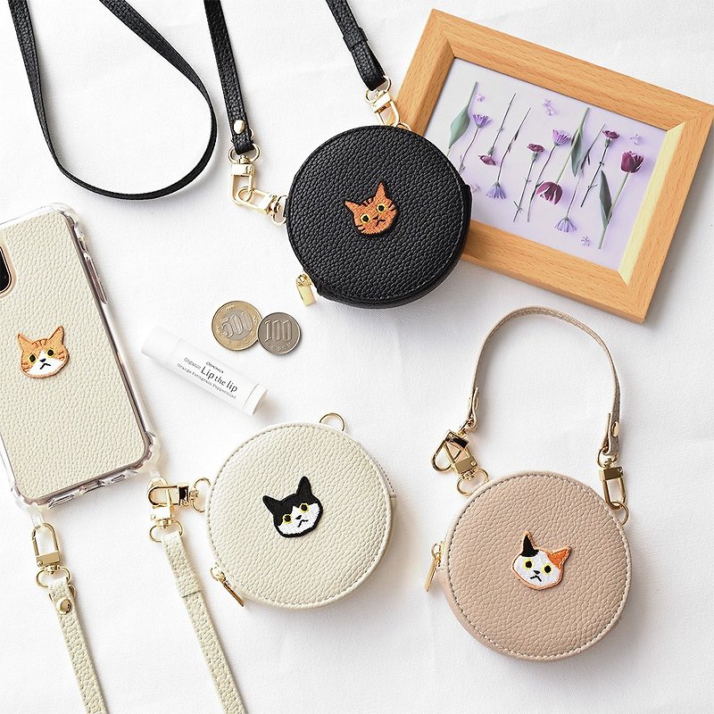 Round Pouch [Simple Patch Cat] Embroidery Round Pouch Multi Pouch Coin Purse Accessory Purse Coin Case Mini Wallet Leather Slim A242I - กระเป๋าเครื่องสำอาง - หนังแท้ สีดำ