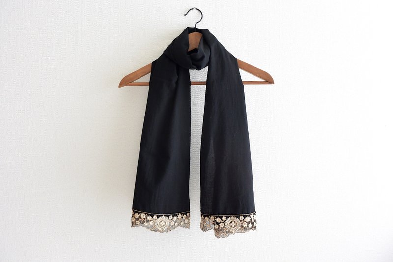 Black gauze voile stole with Indian embroidery lace - Knit Scarves & Wraps - Cotton & Hemp Black