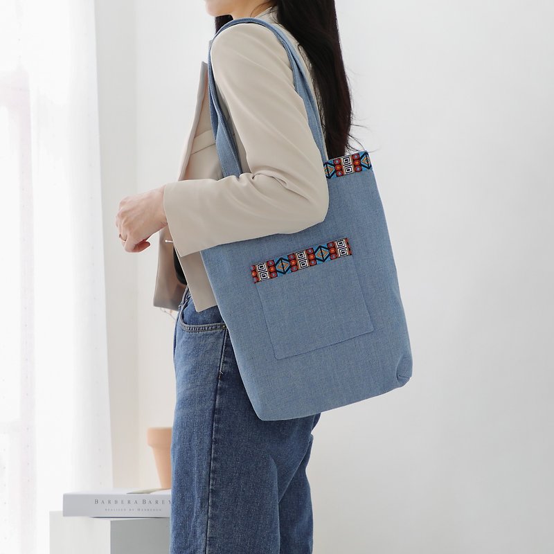 Denim Shoulder Bag with Mayan Motif: Light Blue - Handbags & Totes - Cotton & Hemp Blue