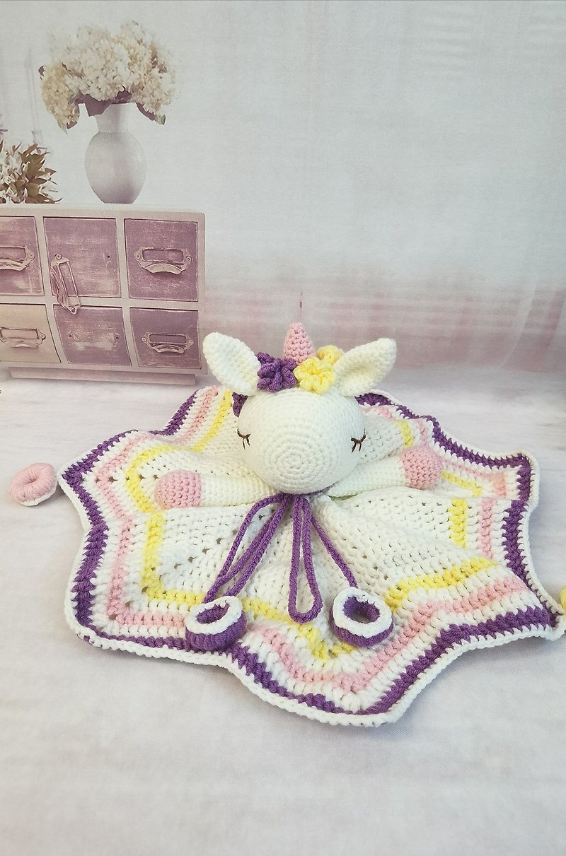 Handmade (Crochet/ Amigurumi) Baby Comforting Unicorn Towel/ Blanket 宝宝钩针独角兽安抚巾 - Baby Gift Sets - Cotton & Hemp White