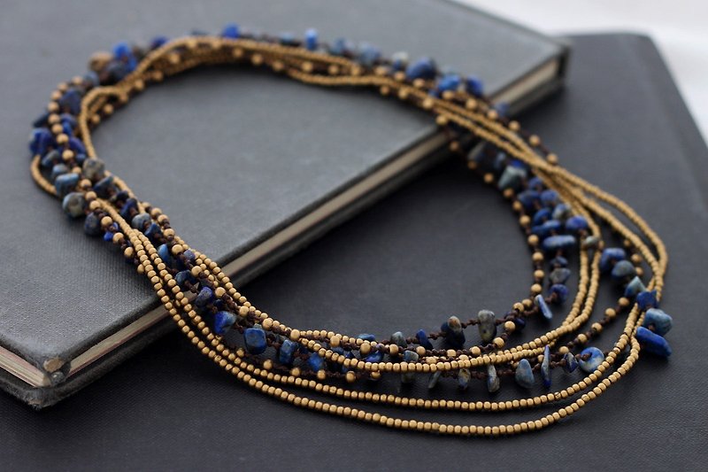 Lapis lazuli Brass Woven Long Wrap Necklaces Multi Strand Hippy Bohemian - สร้อยคอ - เครื่องประดับพลอย สีน้ำเงิน