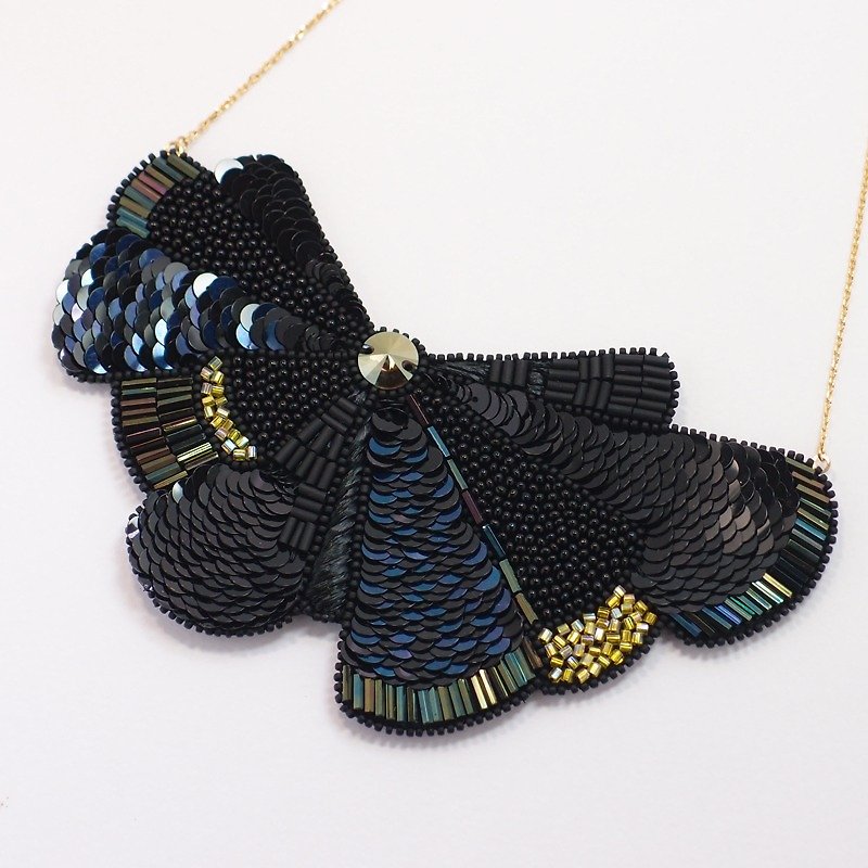 Bow Tie Embroidery Necklace / Blue Black - Necklaces - Thread Black