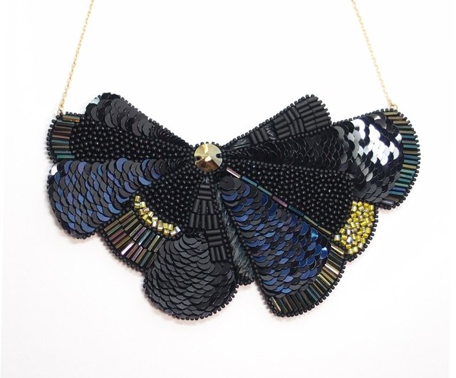 Bow Tie Embroidery Necklace / Blue Black - Shop SHAO Necklaces