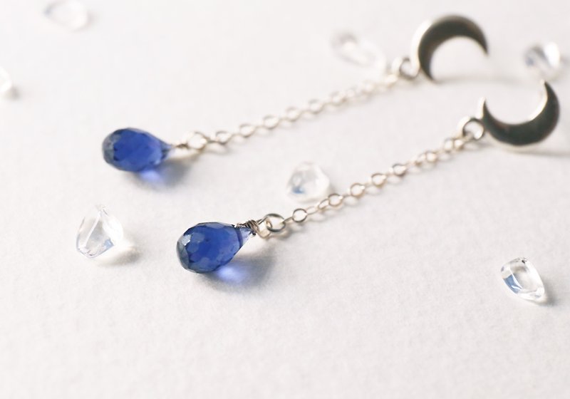 藍雫月 - 氣質水滴藍晶925純銀耳環  細緻小巧 文青 手工 月亮 - 耳環/耳夾 - 寶石 藍色