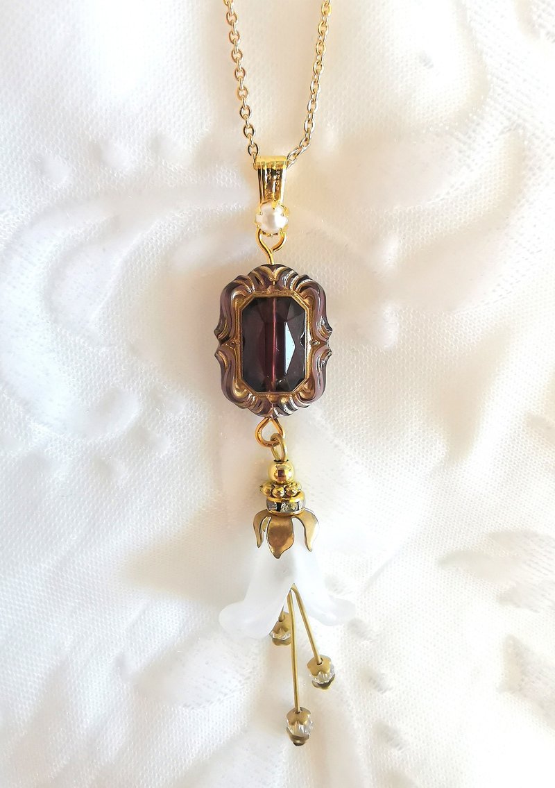 【畢業禮物】【聖誕禮物】德製手繪珠美製磨砂花朵銅電金鋯石項 - 項鍊 - 銅/黃銅 紫色