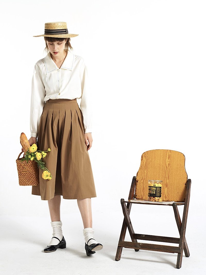 Ecru soli plain white already spring summer commuter versatile Khaki Skirt - One Piece Dresses - Cotton & Hemp Brown