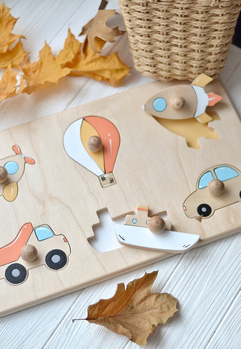 Hand painted transport puzzle Montessori shape puzzle Transport wooden toy - 寶寶/兒童玩具/玩偶 - 木頭 多色