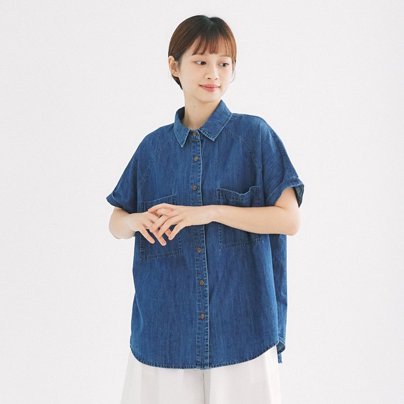 【Simply Yours】牛仔開襟襯衫 深藍F - 女襯衫 - 棉．麻 藍色
