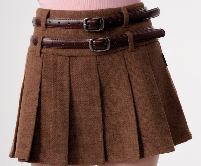 ziziFei autumn and winter American style high waist slim Maillard wear  brown wool short skirt pleated skirt female - Shop ziziFei Skirts - Pinkoi