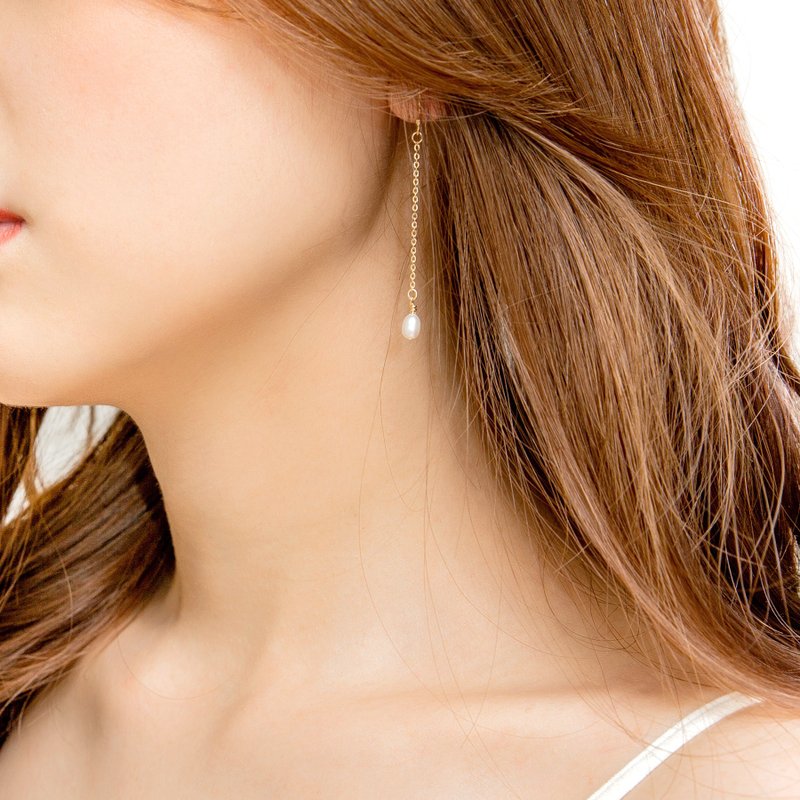 Tiny Oval Pearl Silver Drop Earrings 小顆珍珠純銀鍍18K金耳環 - 耳環/耳夾/耳骨夾 - 珍珠 金色
