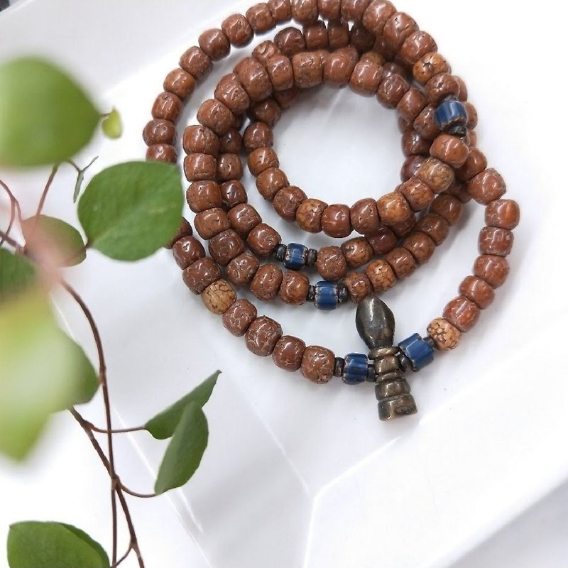 【108 rosary series / unique commodity】 Vajra Bodhi*old glass*Razor beads beads ring hands - Bracelets - Wood Brown