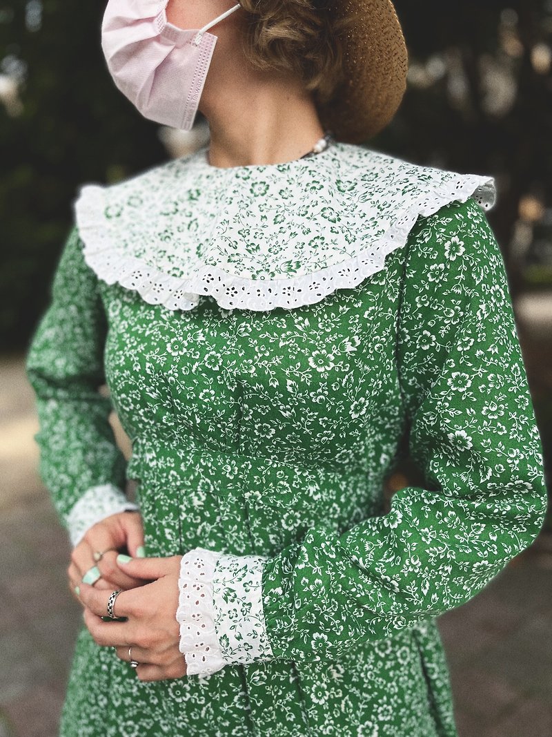 美國70年代手工訂製碎花翻領蕾絲洋裝 - 洋裝/連身裙 - 棉．麻 綠色