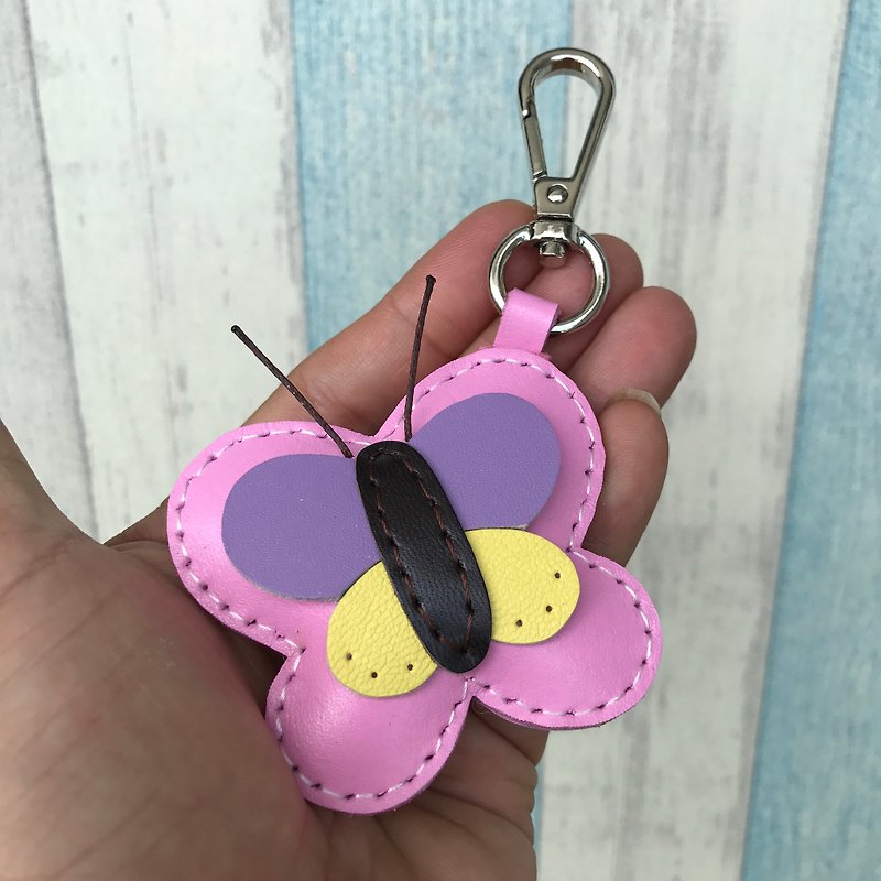 Healing small things handmade leather pink cute butterfly hand-stitched keychain small size - Keychains - Genuine Leather Pink