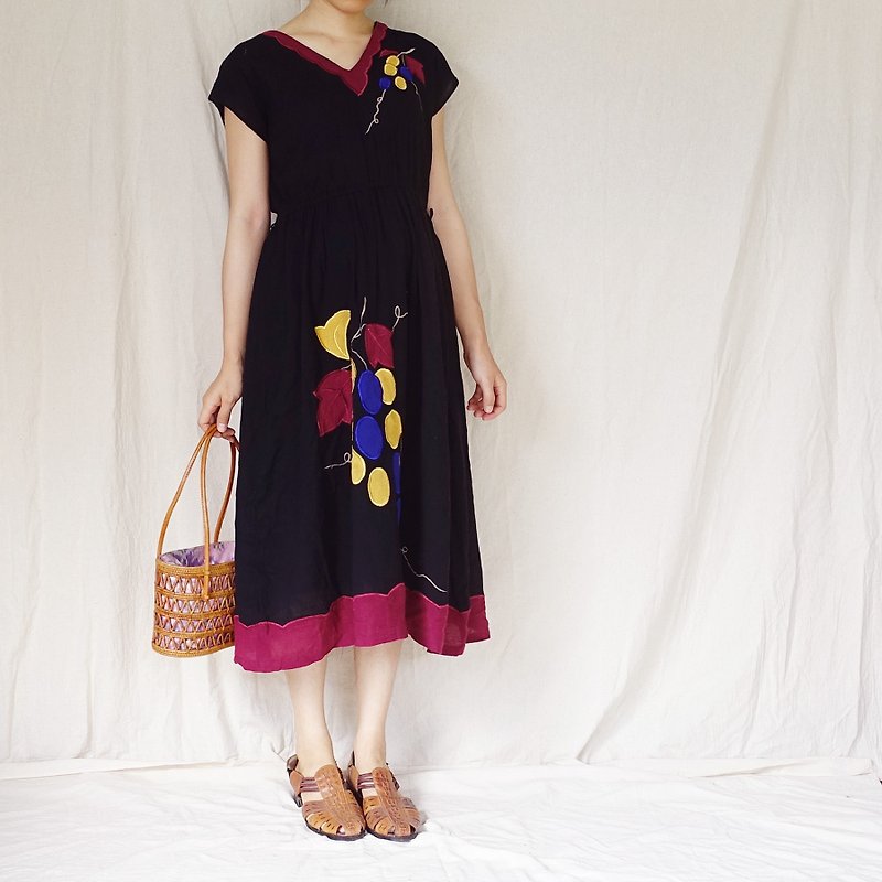BajuTua / ancient / tricolor grape black fall shoulder dress - One Piece Dresses - Cotton & Hemp Black
