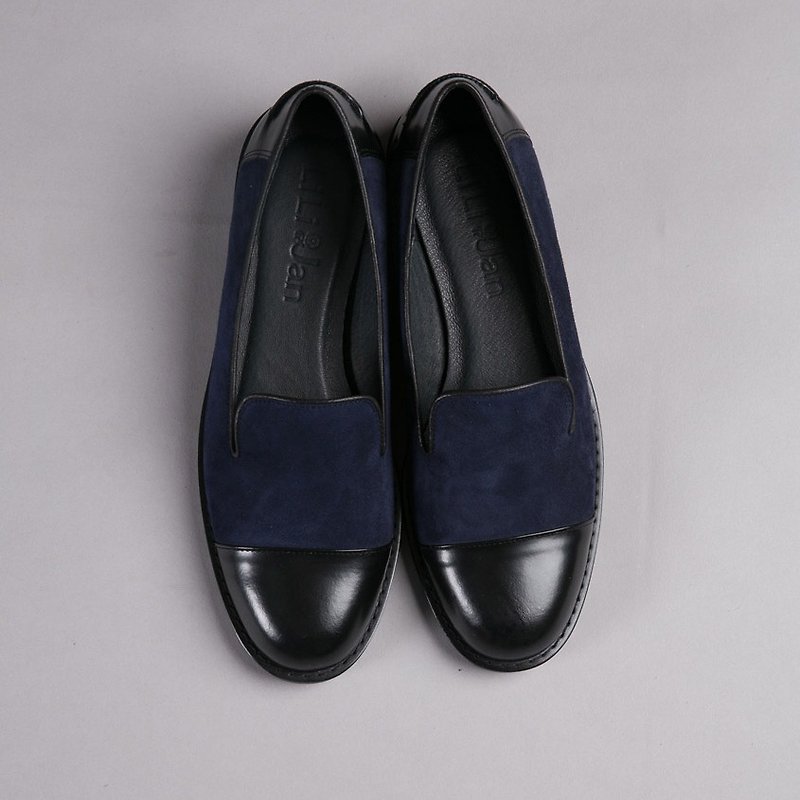 [Intermittently mature] double-color leather loafers _ dark blue alcohol black - รองเท้าอ็อกฟอร์ดผู้หญิง - หนังแท้ สีดำ