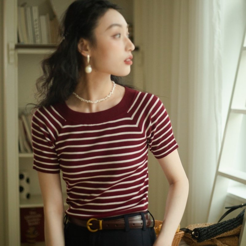 安妮陳萊賽爾桑蠶絲條紋針織T恤女2025新款修身顯瘦時尚洋氣短袖 - 女 T 恤 - 其他材質 多色