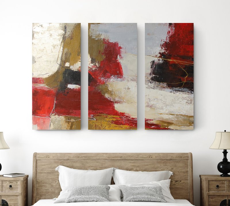 Red abstract painting | Painting Red abstract Triptych | Passion 2 Triptych - 壁貼/牆壁裝飾 - 棉．麻 紅色