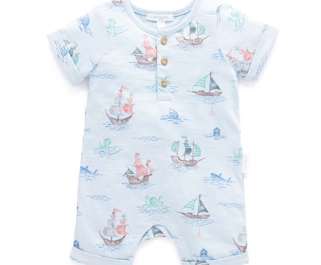 Bamboo Short Sleeve Romper with Buttons (Pirate Ship)