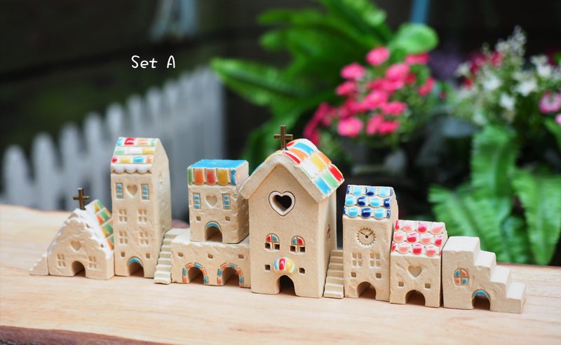 歐洲彩繪糖果小屋11件組/AB兩款-糖果教堂x1+小房子x7+迷你樓梯x3 - 擺飾/家飾品 - 陶 