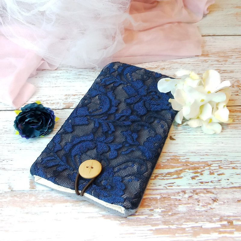 Customized phone bag, mobile phone bag, mobile phone protective cloth cover Lace series (P-237) - Phone Cases - Cotton & Hemp Blue
