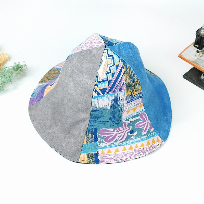 手工雙面帽 遮陽帽 圖騰 藍紫【繪藍薰紫】HM-45 - 帽子 - 棉．麻 藍色