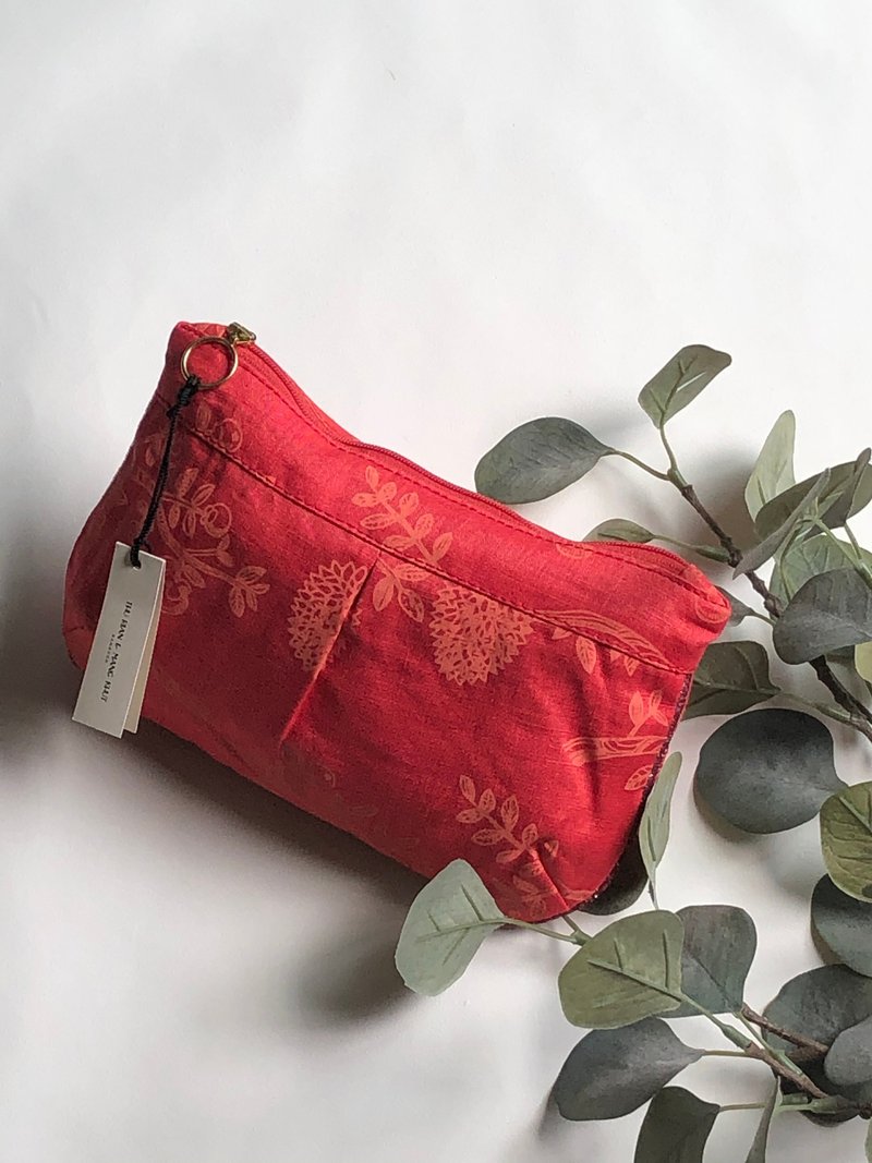 Printed Linen pouch plum color - Toiletry Bags & Pouches - Cotton & Hemp Red