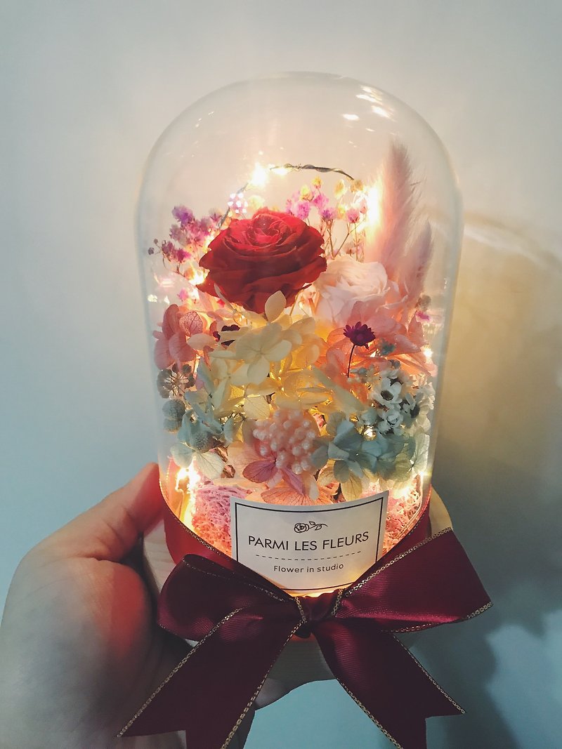 母親節/不凋玫瑰花/燈串玻璃罩/可客製 - 乾燥花/永生花 - 植物．花 粉紅色