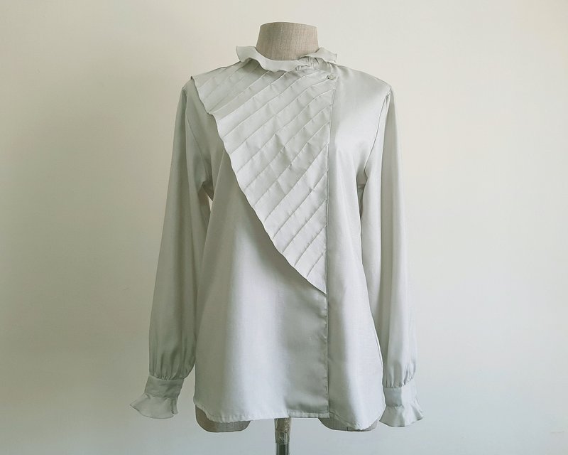 XS Vintage Gray Ruffle Collar Blouse Womens Long Sleeve Top Button Front Blouse - 女上衣/長袖上衣 - 聚酯纖維 灰色