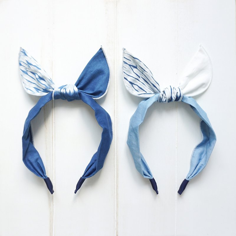 S.A x 韓式兔耳朵髮箍 Straw抽象麥桿 - 髮帶/頭箍 - 棉．麻 藍色