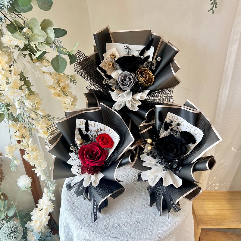 ブラックメタルエレメント風 プリザーブドフラワー花束 バレンタインブーケ - ドライフラワー・ブーケ - 寄せ植え・花 多色